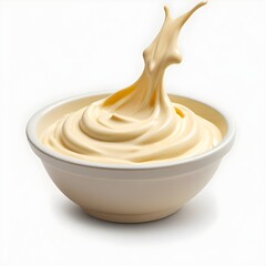 A bowl of creamy, golden-colored mayonnaise or aioli with a swirling texture