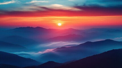 Stunning Sunrise Over Misty Mountain Range with Vibrant Colors and Dramatic Sky in Serene Landscape