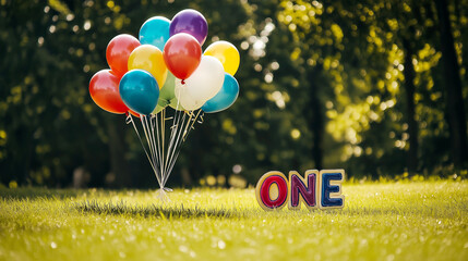 A bunch of colorful balloons tied together on a grassy field with sunlight filtering through trees, creating a peaceful and joyful birthday celebration scene.