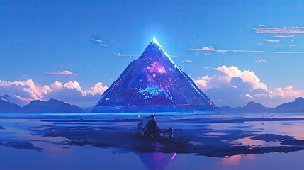 A Giant Crystal Pyramid Reflects in the Water as a Boat Travels Through the Calm Landscape