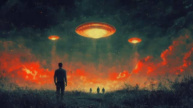 a man gazes backward at an alien invasion, with ufos hovering in a retro-styled illustration, depicting a blend of nostalgia and sci-fi intrigue
