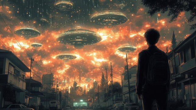 a man gazes backward at an alien invasion, with ufos hovering in a retro-styled illustration, depicting a blend of nostalgia and sci-fi intrigue