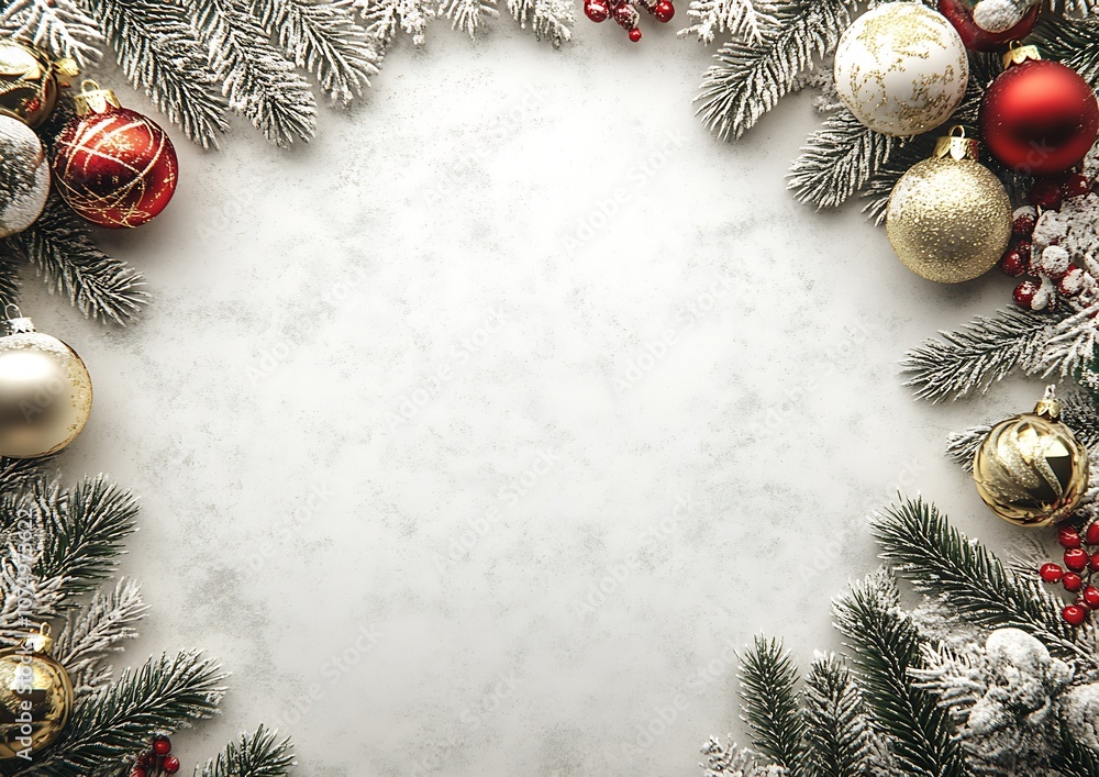 Aufkleber traditional christmas frame with red and gold baubles and frosted pine branches : generative ai