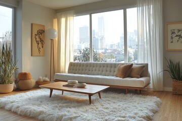 Minimalist, mid century modern interiors in residential living rooms with windows and sofas and wood tables. Generative AI

