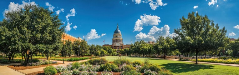Obraz premium Breathtaking panorama of Oklahoma State Capitol surrounded by vibrant greenery on a clear sunny day