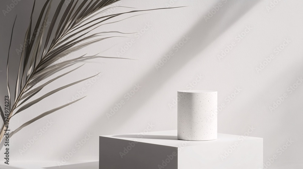 Poster minimalist white podium with palm leaf shadow for product presentation. empty display platform templ