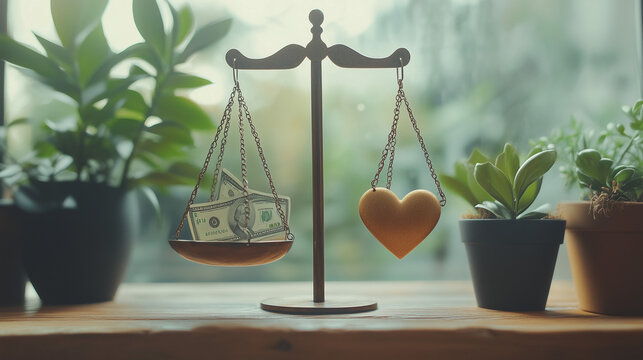 Balancing scale with money on one side and a heart on the other, symbolizing values