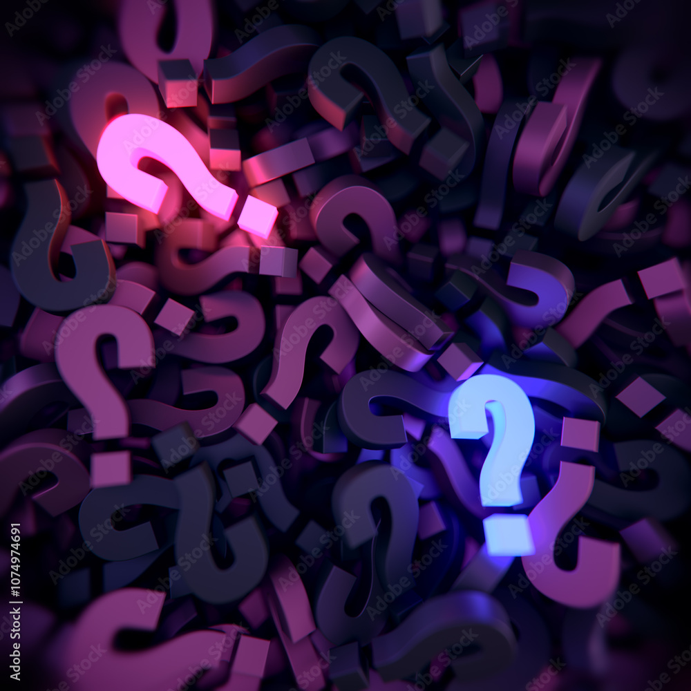 Poster Scattered three-dimensional question marks in a dark pink-purple palette. 3d rendering