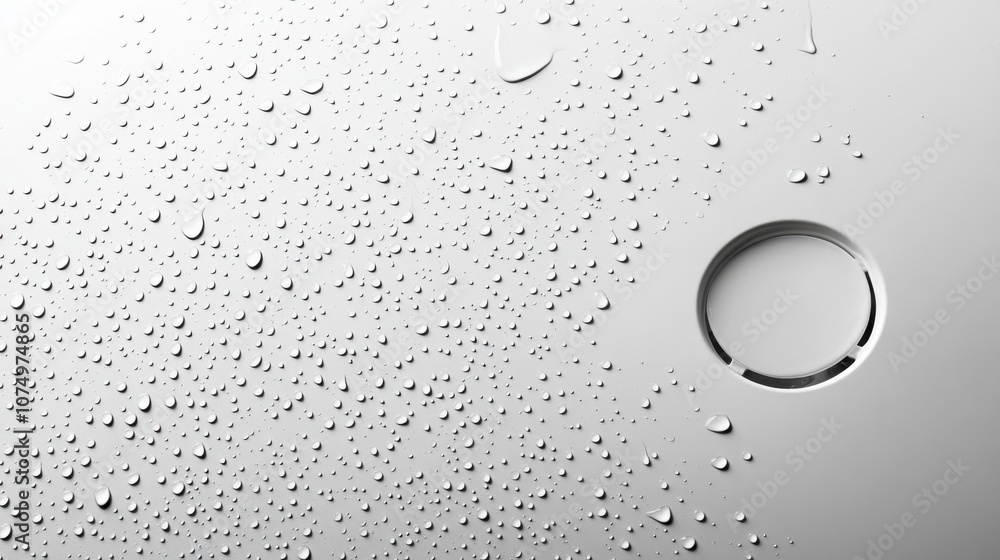 Poster water droplets collect on a flat surface creating a reflective pattern in a minimalistic setting