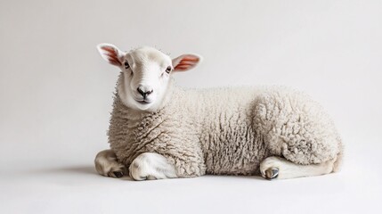 Fototapeta premium Adorable Lamb Lying Down: A Captivating Studio Portrait of a Fluffy Young Sheep