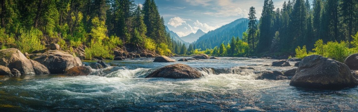 A tranquil salmon run flowing through the vibrant landscape of the mountains during the peak migration season