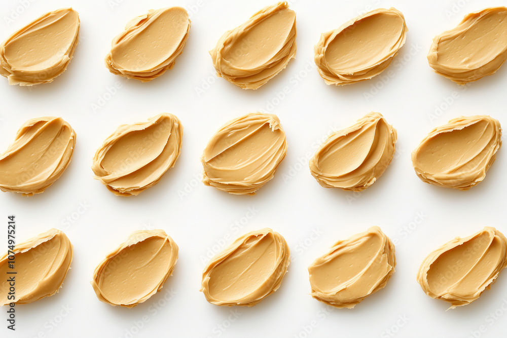 Poster creamy peanut butter dollops arranged on a white surface, showcasing texture and color in a visually