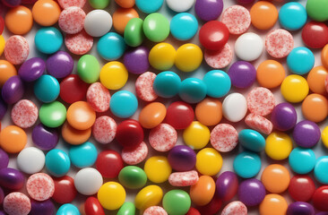 Obraz premium Colorful assortment of round candies. Perfect for backgrounds, candy advertisements and fun design projects. Selective focus