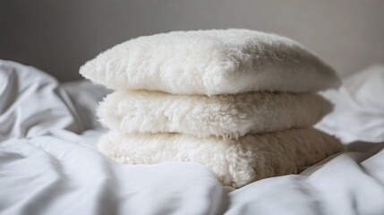 Pillows with Sheep Fur Covers on Bed