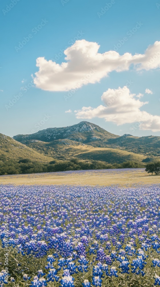 Poster Vast bluebonnet fields stretch under a clear sky, framed by distant rolling hills and soft clouds during a tranquil spring day