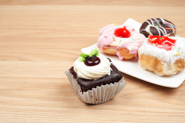 Bakery on brown wooden table background