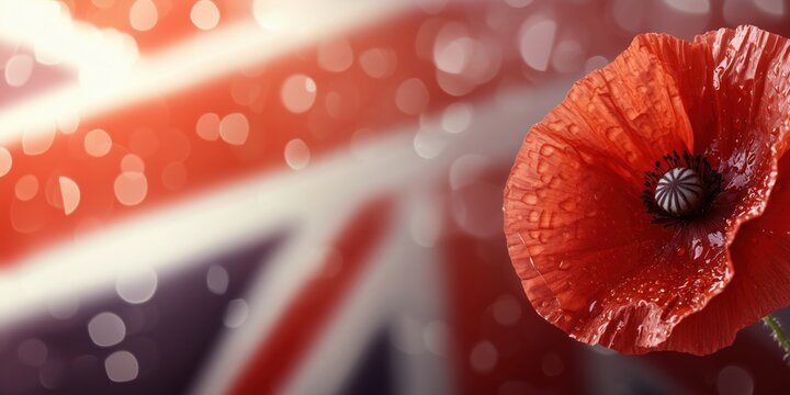 Poppy flower against British flag background, vibrant colors, water droplets