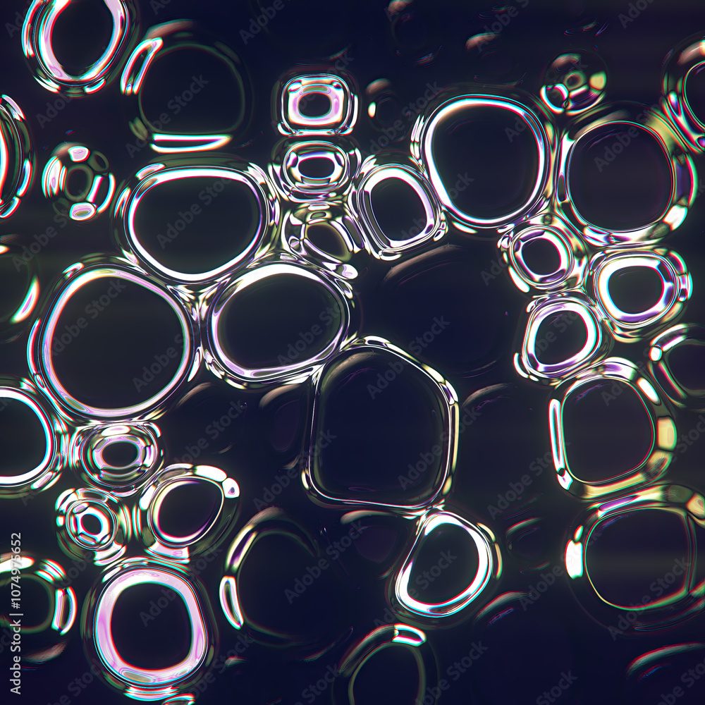 Poster Digital illustration of liquid glass shapes interacting with bright neon reflections. 3d rendering