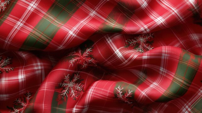 Red plaid fabric texture with snowflake embroidery - Powered by Adobe