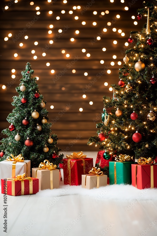 Poster enchanting christmas trees with dazzling lights and vibrant wrapped presents : generative ai