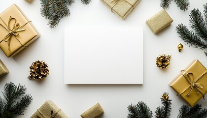 Chic New Year Gift Arrangement with Blank Card and Gold Decor on White Background : Generative AI