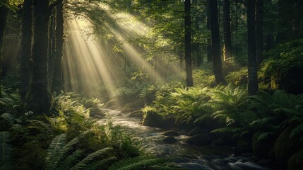 Obraz premium Gentle sunlight filters through lush forest canopies, illuminating a serene stream in a tranquil landscape
