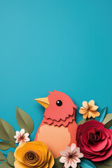 Obraz premium A vibrant, handcrafted paper art scene featuring a colorful bird among beautiful flowers against a bright blue background, perfect for nature themes.
