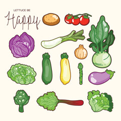 The vegetables include purple cabbage, potato, tomatoes, leek, onion, kohlrabi, lettuce, green and yellow zucchini, asparagus, eggplant, artichoke and rhubarb.