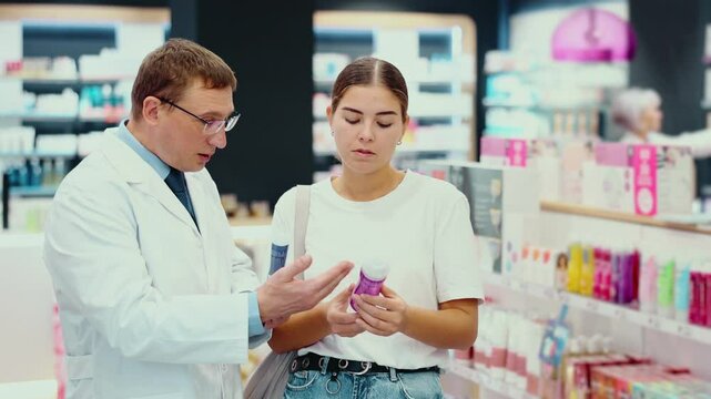Thoughtful young girl choosing lubricant with help of male pharmacist in chemist's shop. High quality 4k footage