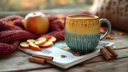 Cozy autumn scene with a colorful mug, fresh apples, cinnamon sticks, and a warm knitted blanket on a wooden table.