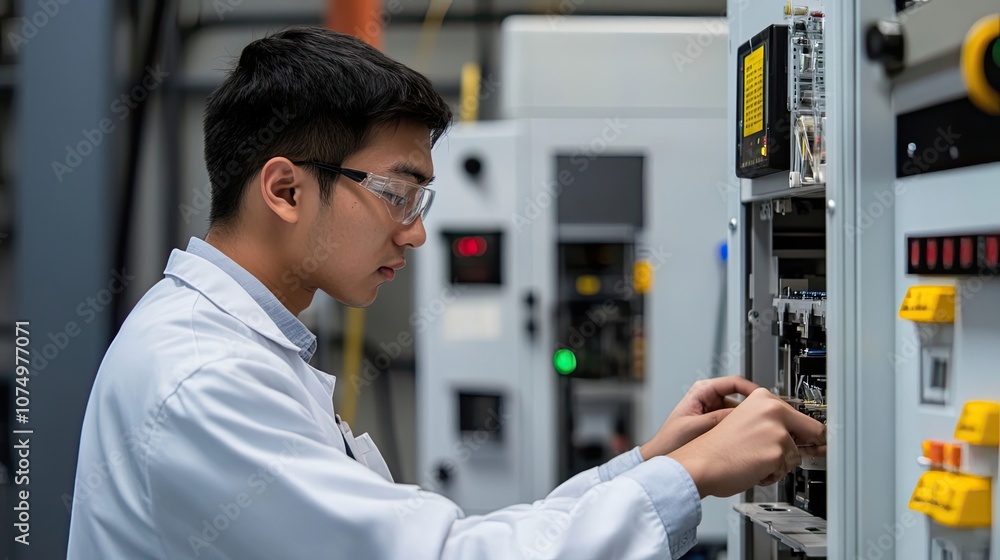 Poster technician working on an electrical panel in a factory setting