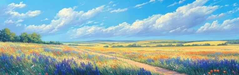 A vibrant display of wildflowers along a winding path through the Oklahoma plains under a bright blue sky during springtime