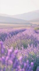 Obraz premium A peaceful lavender field in full bloom stretching across the horizon during golden hour in Provence, creating a serene landscape