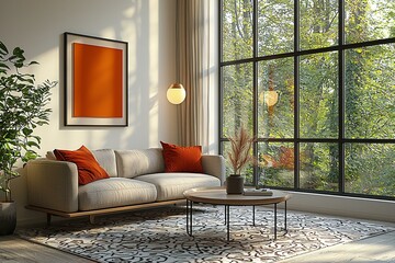 Mid century Modern interiors in residential living rooms with patterned carpets. Generative AI
