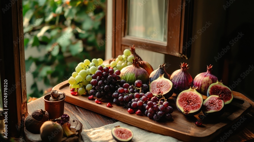 Poster A cozy rustic table setting featuring an array of fresh fruits by a sunlit window in a serene atmosphere