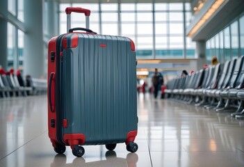 A hardside suitcase with a telescoping handle and wheels, standing in an airport