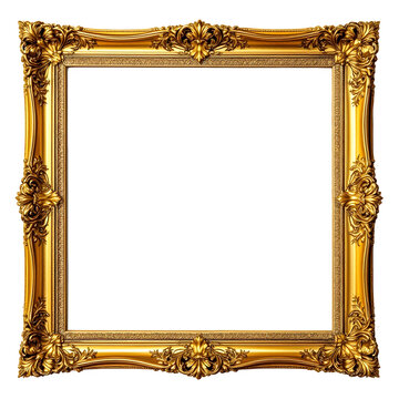 Naklejki Eempty natural vintage gold frame on transparent background, PNG file, Antique gold picture mirror frame, golden photo frame, Realistic border rectangular picture