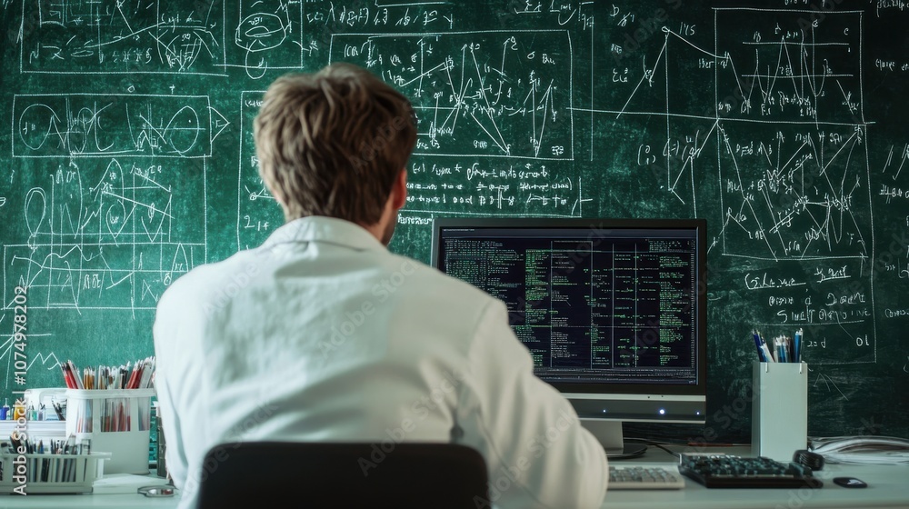 Aufkleber scientist in a lab coat analyzes data on a computer with mathematical equations on a chalkboard in a