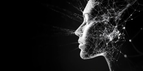 Abstract human profile, digital connections, neural network visualization