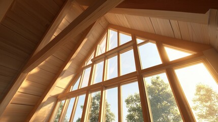 Obraz premium A wooden roof with a large window in the middle