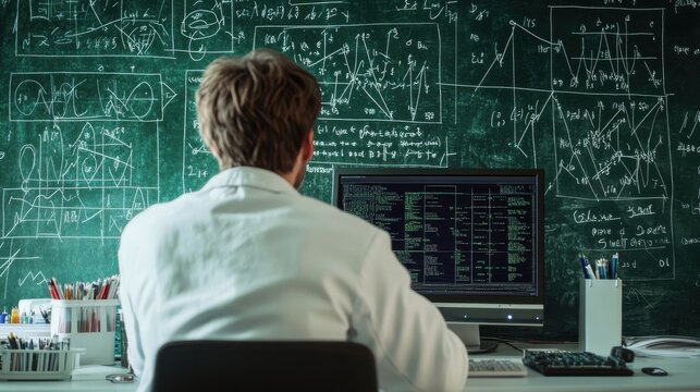 Scientist in a lab coat analyzes data on a computer with mathematical equations on a chalkboard in a research lab - Powered by Adobe