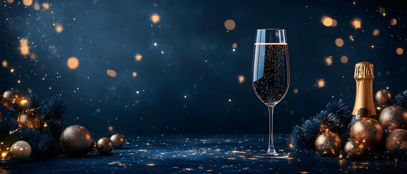 Elegant champagne glass surrounded by festive decorations, perfect for celebrations or New Year's Eve.