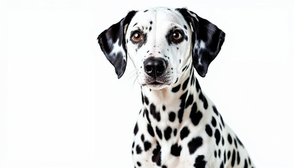 A cute Dalmatian dog with black spots, sitting against a pure white background, perfect for pet-related advertising.

