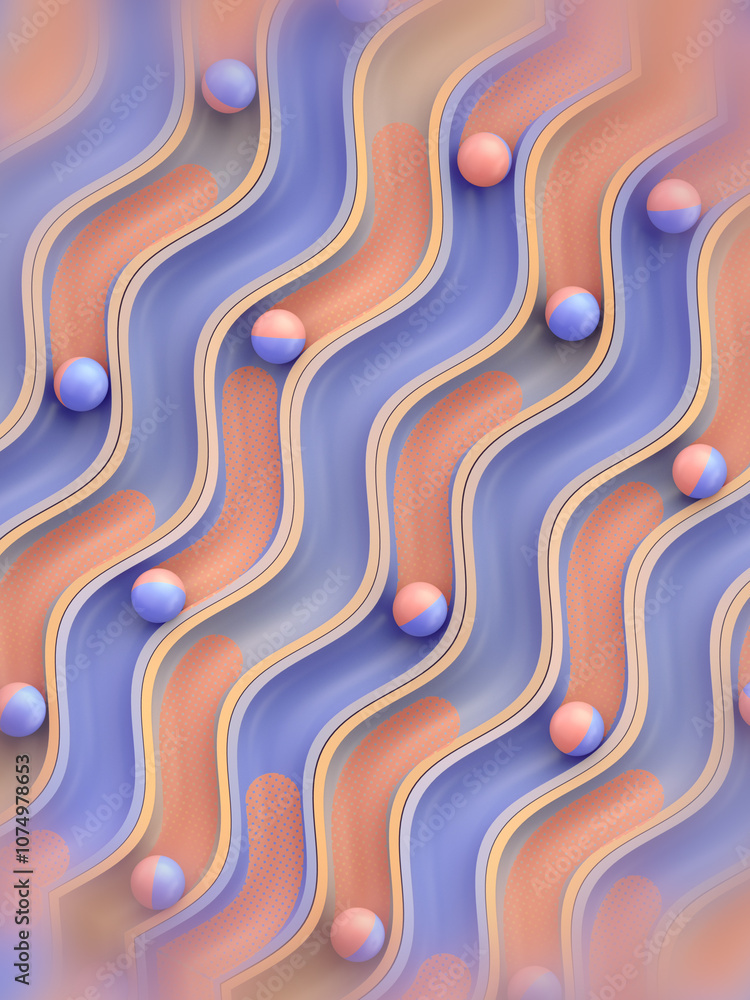 Aufkleber background with two-tone glitter balls on a surface with sinuous grooves. 3d rendering illustration