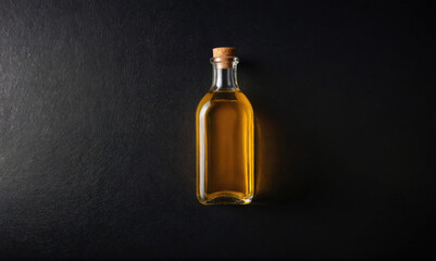 A glass bottle of cooking oil sits on a black countertop