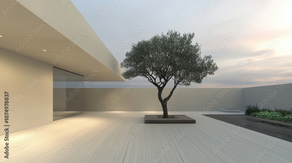 Poster a tree is growing in a courtyard with a white building in the background