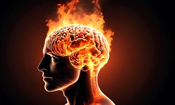 The brain with convolutions in the human head is burning. Concept: brain explosion, mind, intelligence.