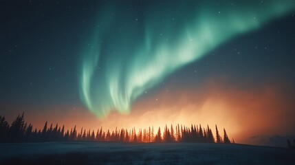 Obraz premium Northern Lights Over Forest Horizon at Twilight