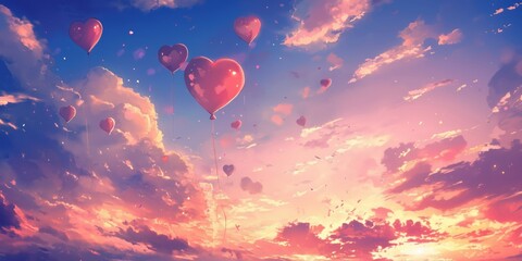 Fototapeta premium Heart balloons floating in colorful sunset sky, vibrant clouds, romantic atmosphere