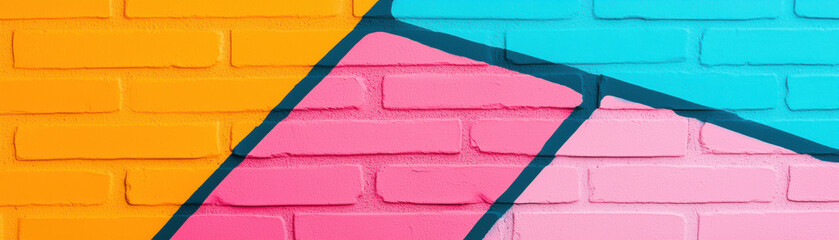 Vibrant geometric abstract mural on a brick wall in orange, pink, and blue colors, creating a modern and artistic urban space.